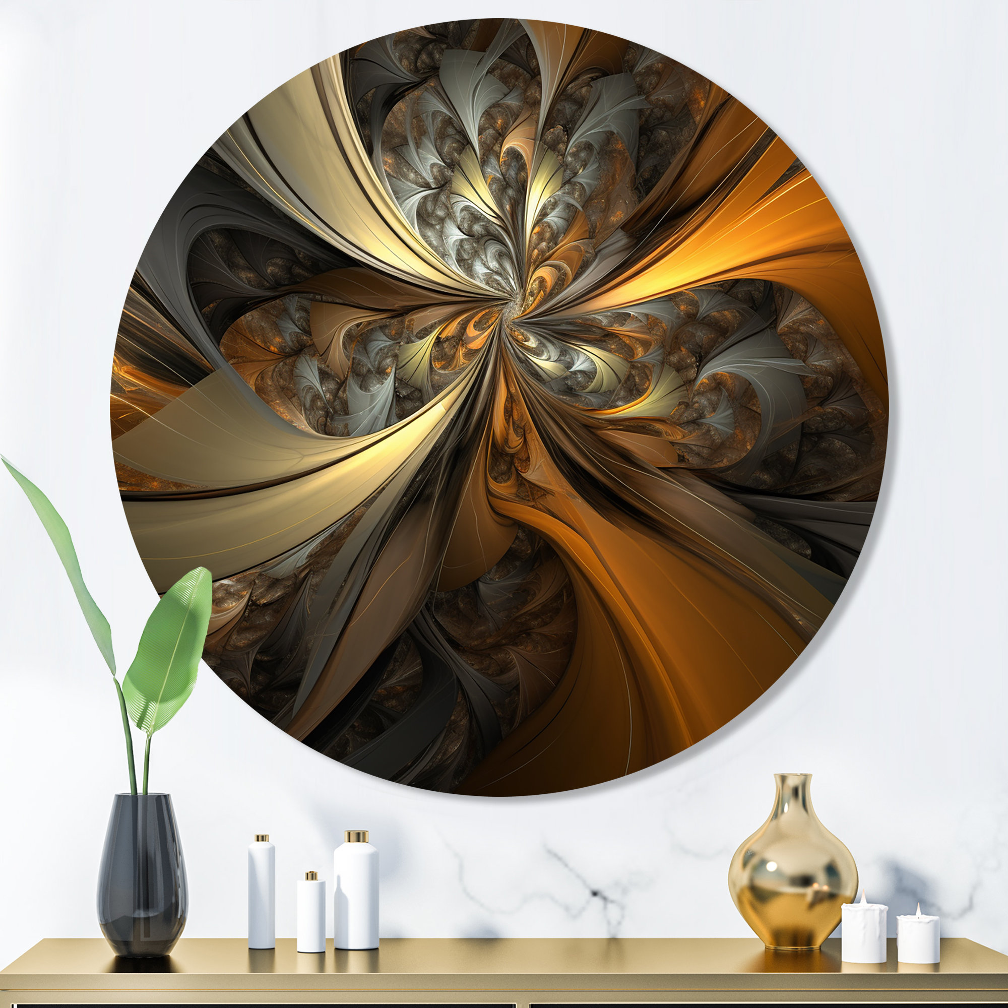 Mercer41 Blue And Gold Fractal Enigmas V - Abstract Fractal Round Metal